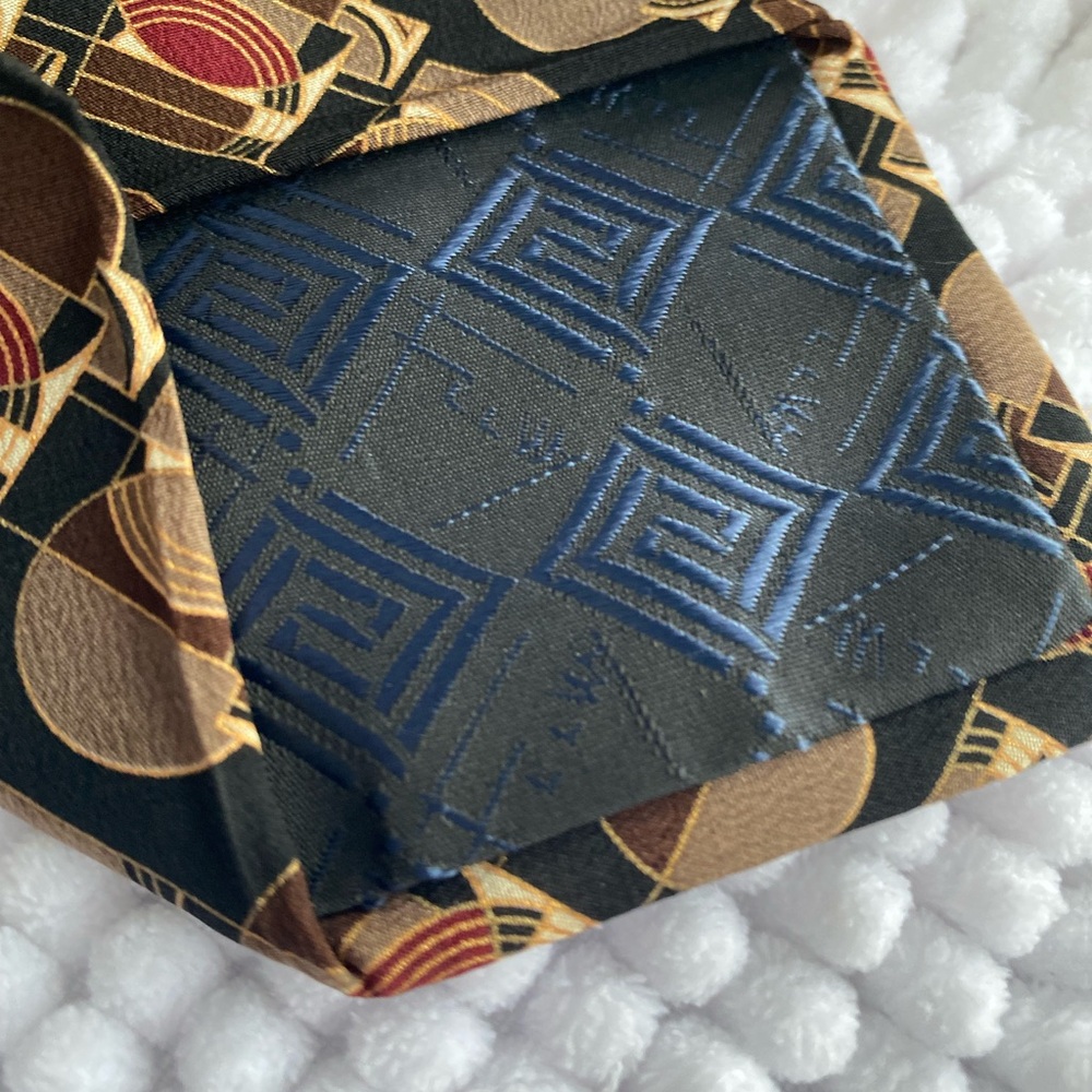 Frank Lloyd Wright Tie Mens~Museum Gates~Multi Brown Tan Wine Geometric Silk VGC - Picture 3 of 6